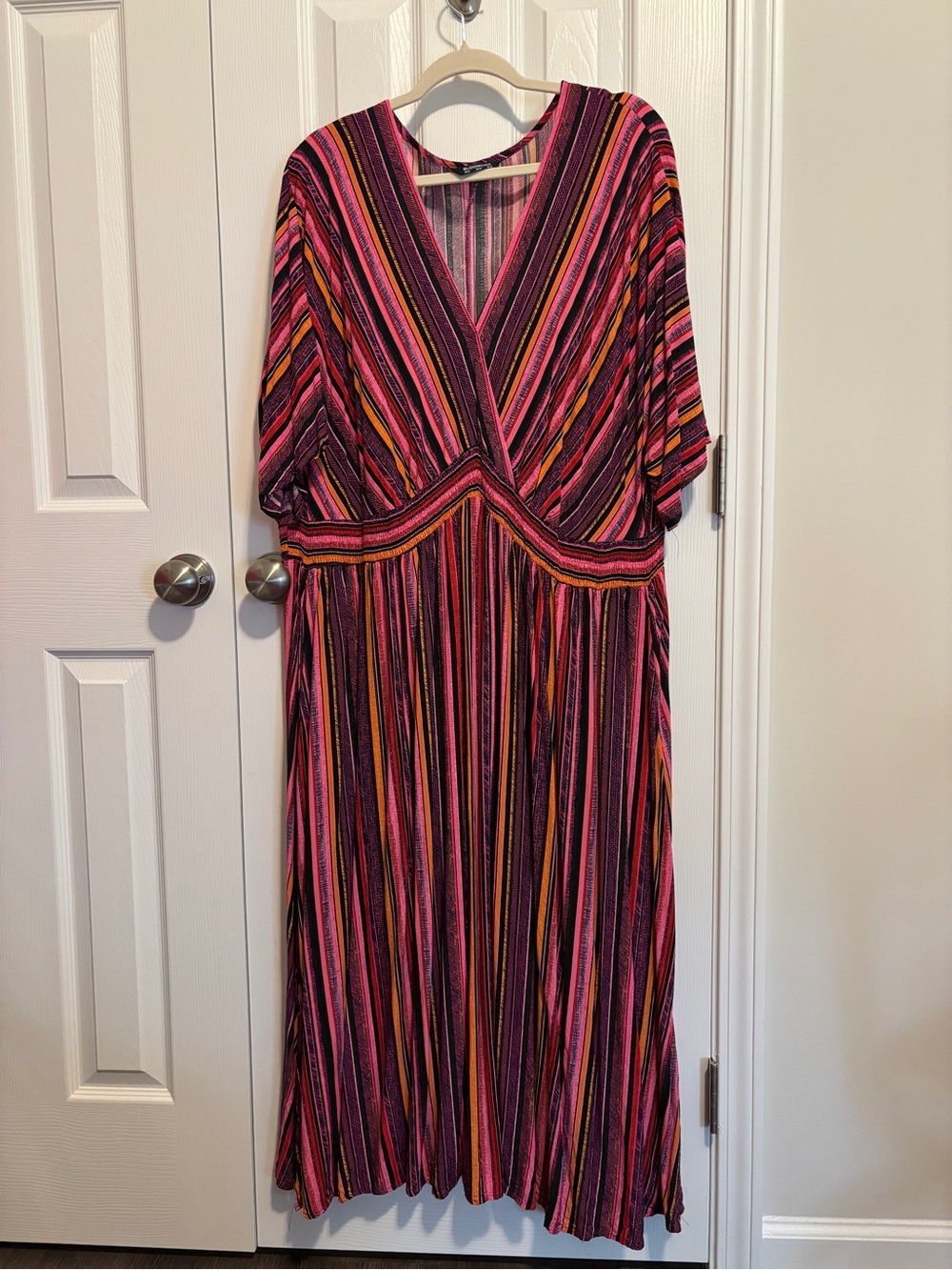 BloomChic V-Neck Maxi Dress in Pink, Black & Orange Stripe